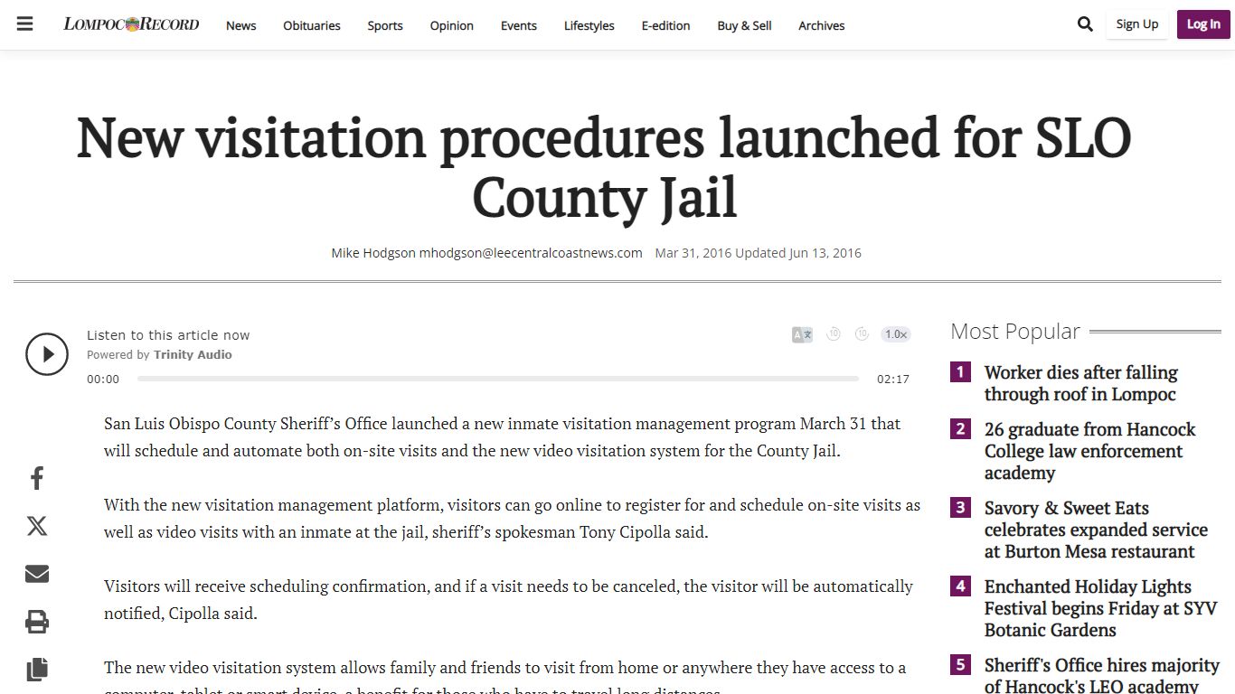 New visitation procedures launched for SLO County Jail
